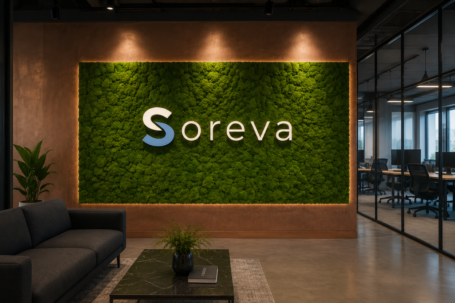 Soreva office — moss wall with logo